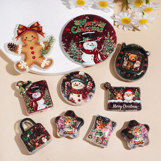 Adorable Festive Santa, Reindeer, Snowman, Gingerbread, Bear & Rabbit Christmas Theme Acrylic Beads & Pendants, Random Mix