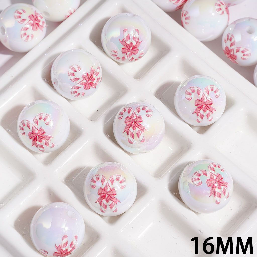 UV-Coated Charming Pink Candy Cane with Cute Bowtie Printed Round Acrylic Beads for Bracelets, 16MM