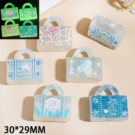 Luminous Adorable Dolphin, Starfish, Shell & Conch Designs Glittery Handbag Shaped Acrylic Beads & Pendants, 30*29MM, Random Mix