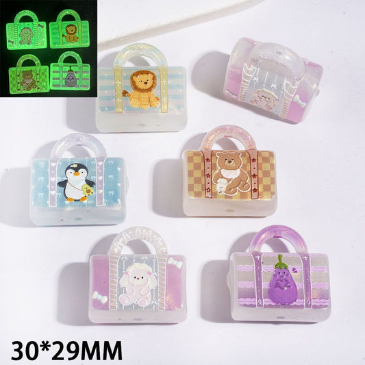 Luminous Playful Animal Lion, Bunny, Bear, Penguin & Eggplant Designs Handbag Print Acrylic Beads & Pendants, 30*29MM, Random Mix