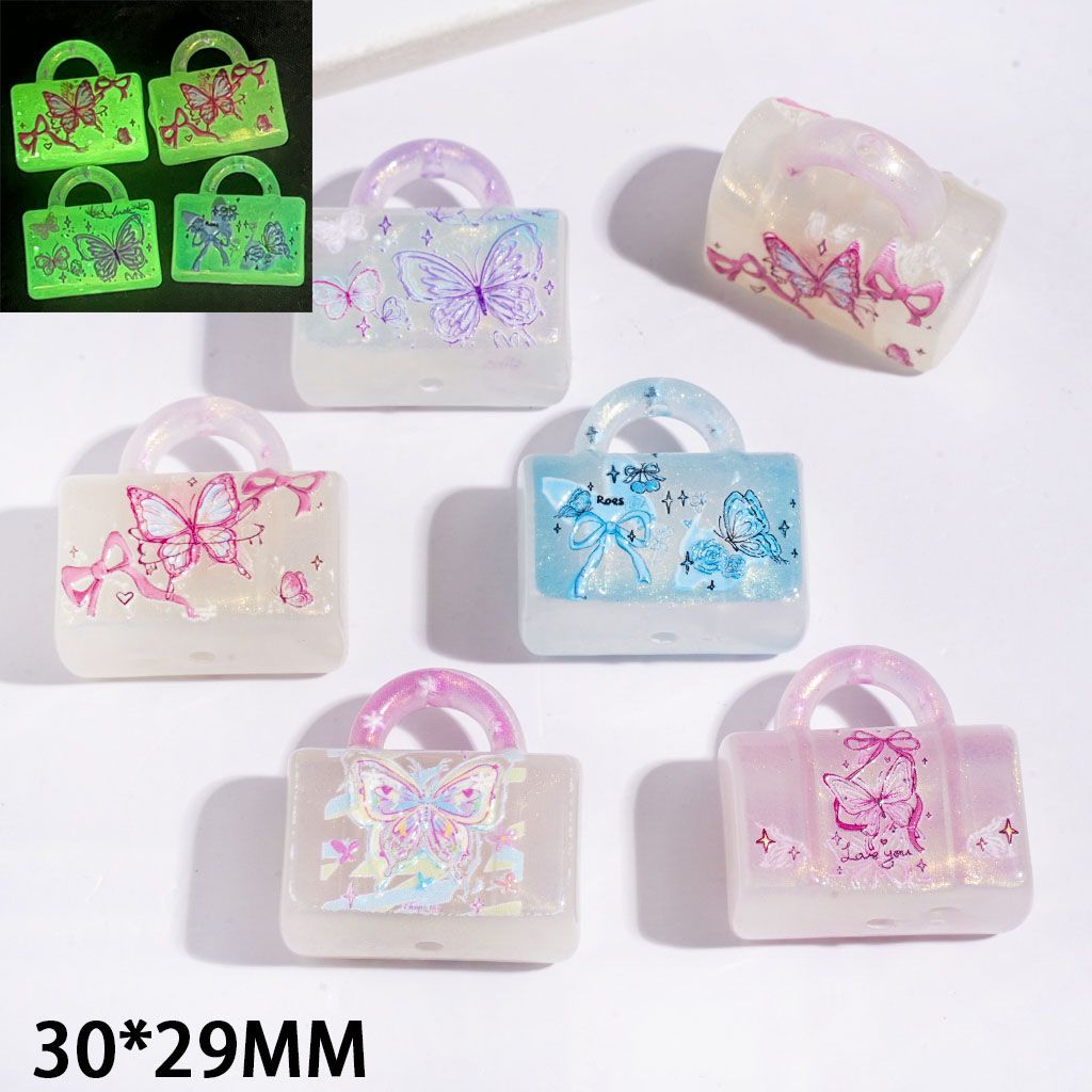 Glitter and Butterfly Bowtie Star Printed Handbag Luminous Acrylic Beads & Pendants, 30*29MM, Random Mix
