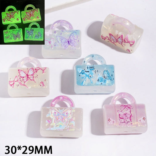 Luminous Glitter Butterfly, Bowtie & Star Handbag Print Acrylic Beads & Pendants, 30*29MM, Random Mix