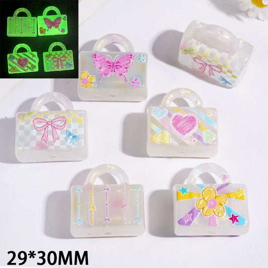 Luminous Glitter Handbag with Flower, Bowtie, Heart, Star & Butterfly Prints, Acrylic Beads & Pendants, 29*30MM, Random Mix