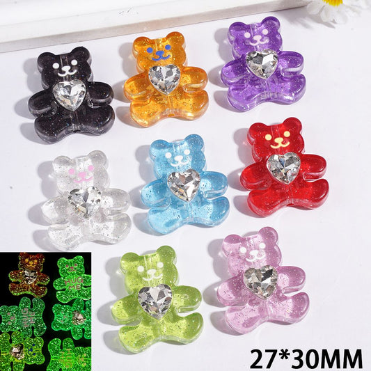 Luminous Cute Glitter Bear with Heart-Shaped Rhinestone Acrylic Beads, 27*30MM, Multi-Color Random Mix