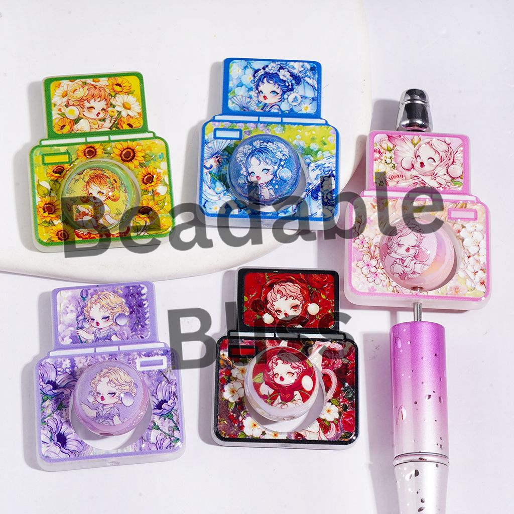 Cartoon Character Series with Flower Acrylic Beads, Hollowed Camera Frame and UV-Coated Round Beads Pieces, Multi-Color Random Mix