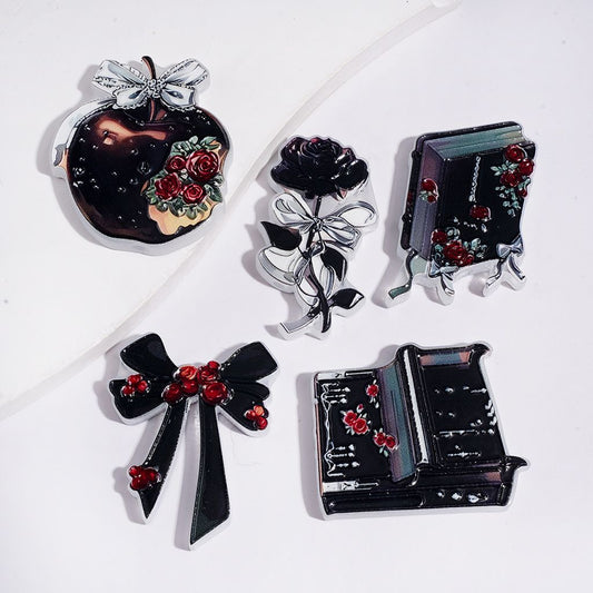 Dark Romantic Rose Flower, Apple, Bowtie, Piano & Diary Design Acrylic Beads, Assorted Colors, Random Mix