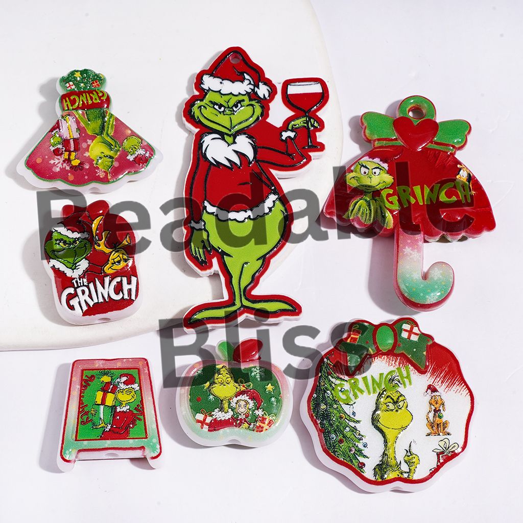 Christmas Theme Funny Christmas Green Character Series Acrylic Beads, Random Mix