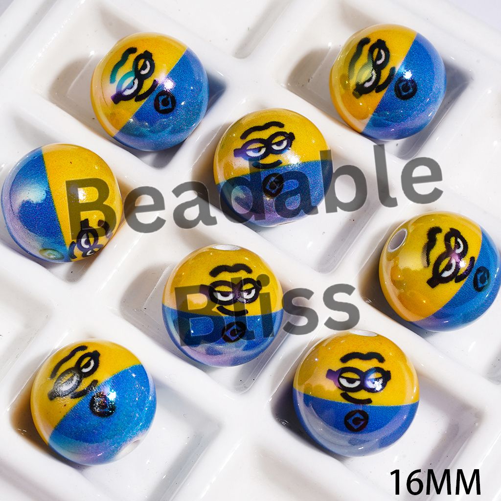 UV-Coated Acrylic Beads for Bracelets Friendly Yellow Banana Character with Facial Expression, Yellow and Blue Colors, 16MM