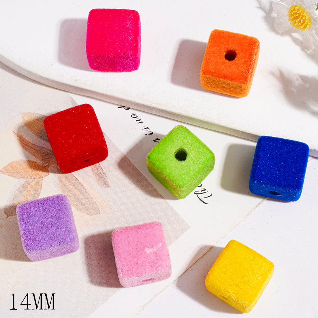 Acrylic Beads Flocked Fluffy Cube Square, 14MM Multi-Color Random Mix