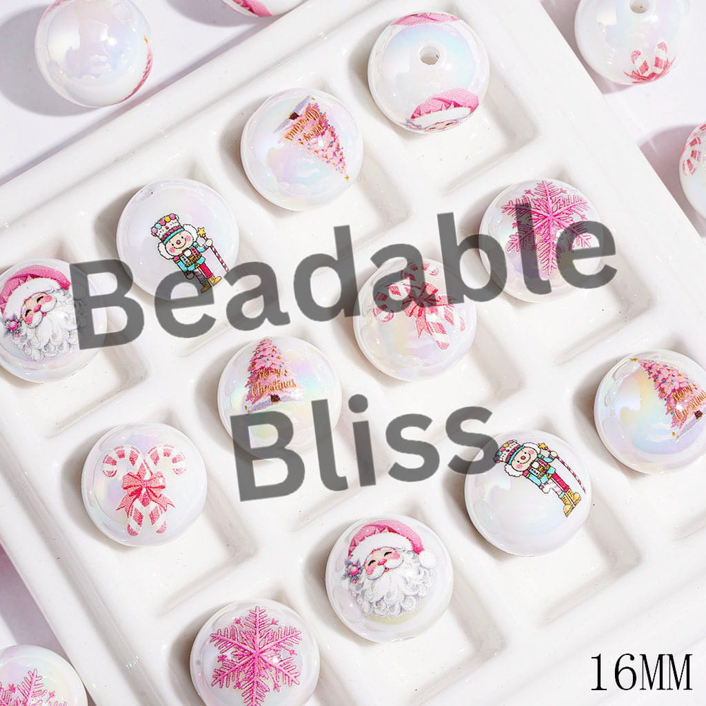 Christmas Tree Snowflakes Santa Claus Candy Cane Wooden Nutcracker Solider Toys UV-Coated Acrylic Beads for Bracelets, 16MM Random Mix