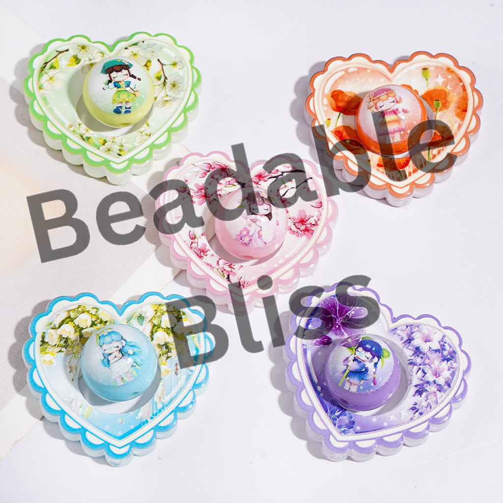 Acrylic Beads Collection Set, Blowing Bubble Girl Printed Round Beads and Hollowed Heart with Flower Pattern, Various Colors, Random Mix (Please Read Description)