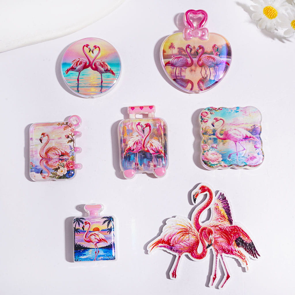 UV-Coated Acrylic Beads and Pendants Flamingo in Pink Series, Random Mix
