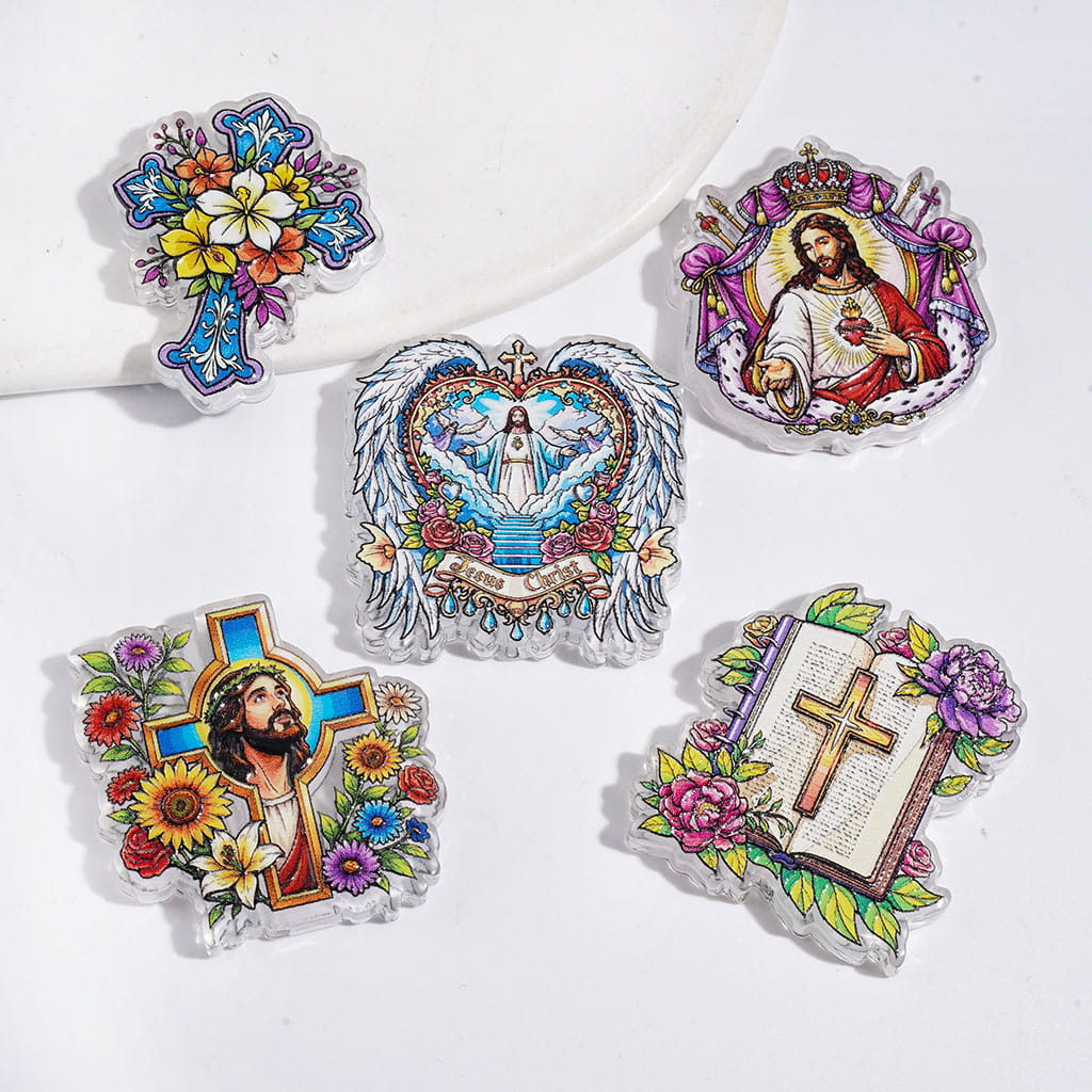 Religious Jesus, Cross, Bible with Flower Design Christianity Theme Acrylic Beads, Random Mix