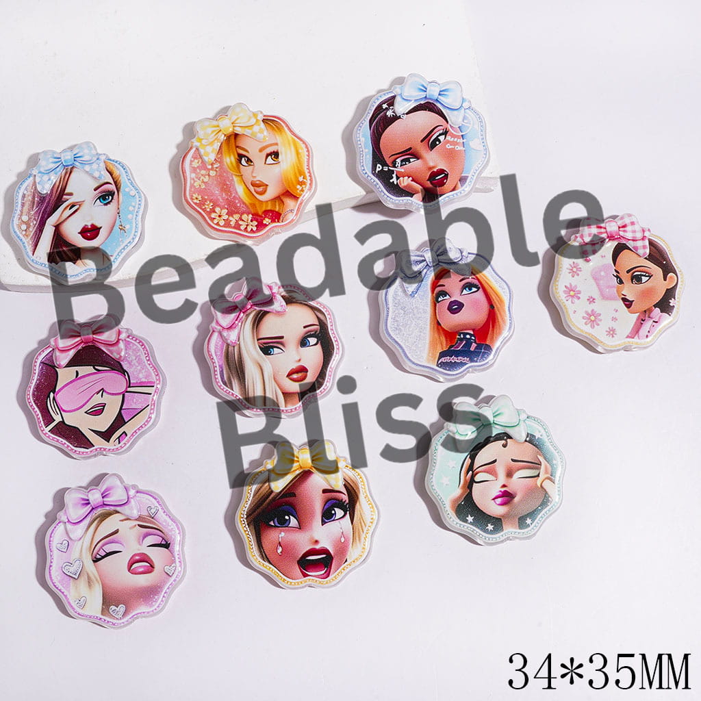 Acrylic Beads Gothic Cool Style Doll Characters with Bowtie and Diverse Facial Expression, 34*35MM Random Mix
