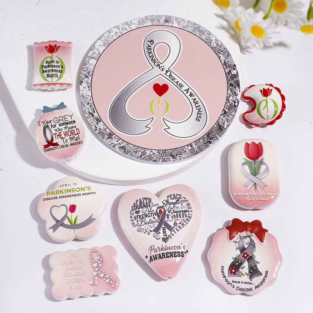 Acrylic Beads and Pendants Parkinson's Disease Awareness Theme, Rose Flower Silk Ribbon Print, Silver Pink Series, Random Mix