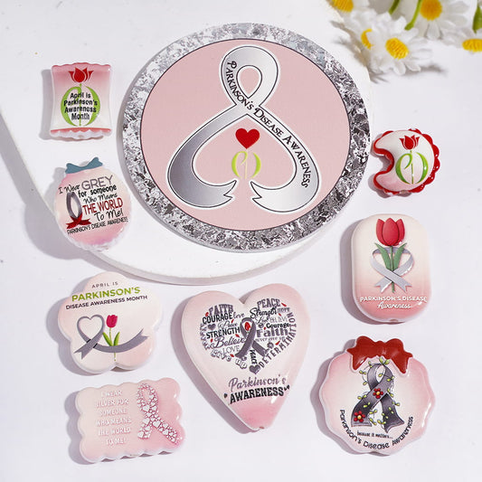 Silver-Pink Series Parkinson’s Awareness Rose Flower & Silk Ribbon Acrylic Beads and Pendants, Random Mix