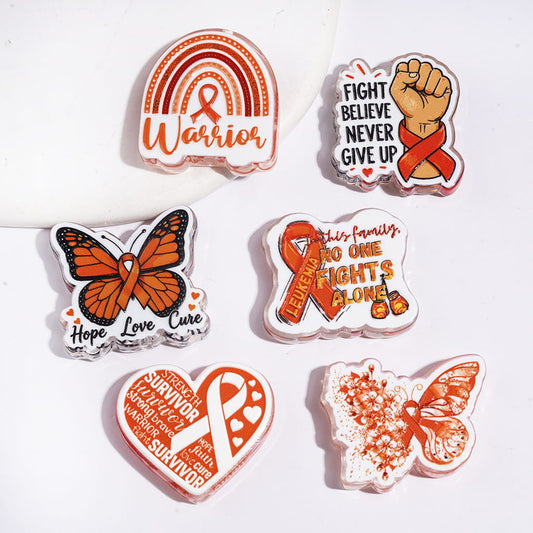 Orange Silk Ribbon with Butterfly & Fist Patterns Leukemia Awareness Theme Acrylic Beads, Random Mix
