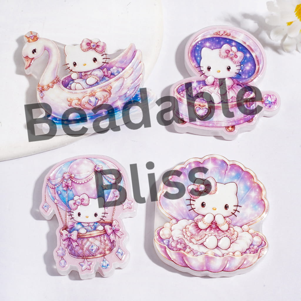 Dreamy Acrylic Beads Cute Cat Character Sitting in Music Box & Shell & Goose & Hot Air Balloon, Purple Pink Style, Random Mix