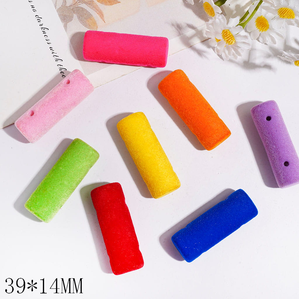 Acrylic Beads Flocked Fluffy Cylinder Shape, 39*14MM, Double Holes, Multi-Color Random Mix