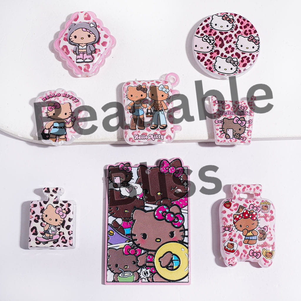 Tan Skin Cute Cat Character in Pink Leopard Series Acrylic Beads and Pendants, Random Mix