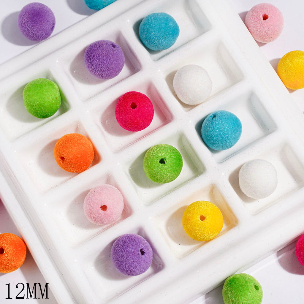 Acrylic Beads for Bracelets Flocked Fluffy Round Shape, 12MM Multi-Color Random Mix