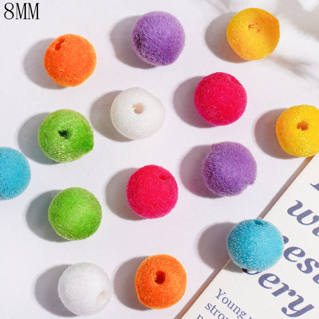 Acrylic Beads for Bracelets Flocked Fluffy Round Shape, 8MM Multi-Color Random Mix