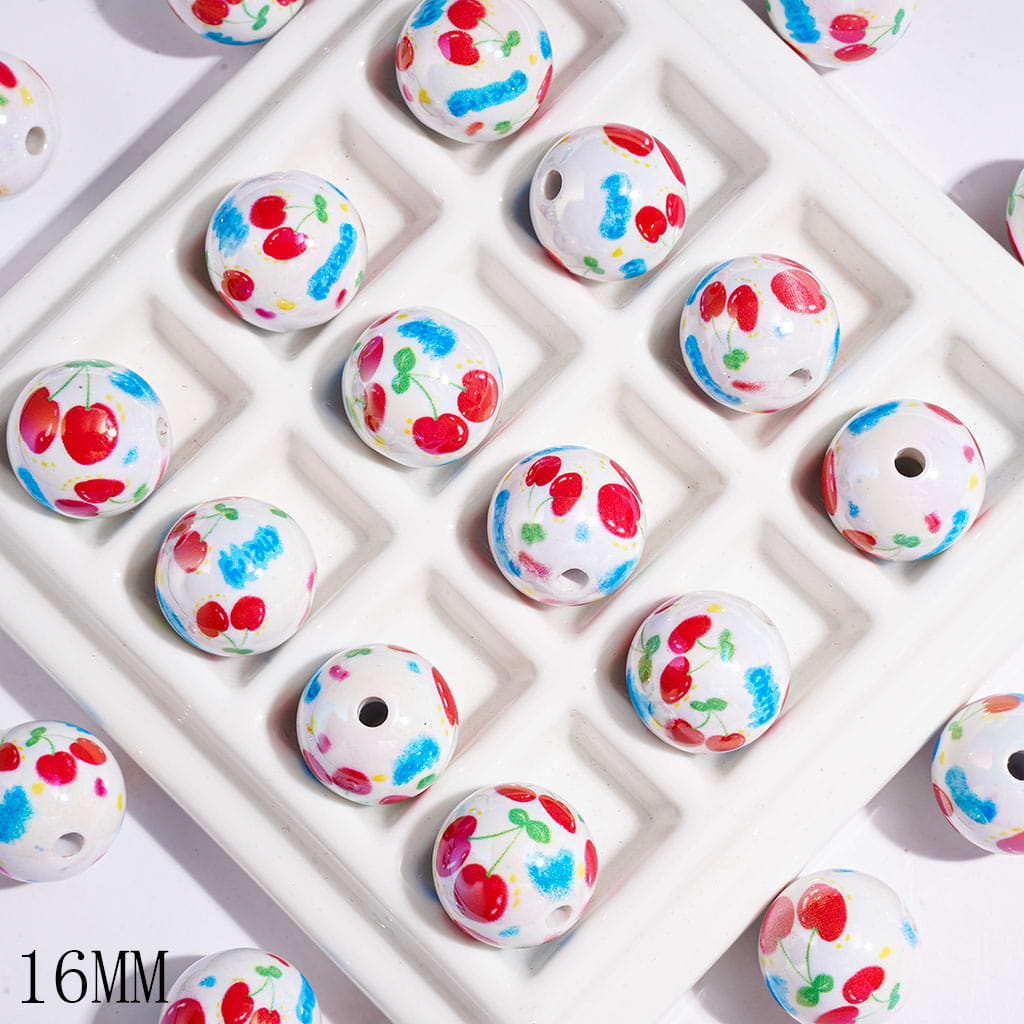 UV-Coated Cheerful Cherry & Multicolor Spotted Round Acrylic Beads for Bracelets, 16MM, Random Mix