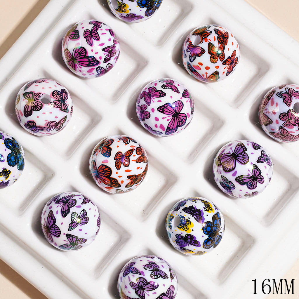 UV-Coated Colorful Butterfly and Spots Printed Round Acrylic Beads for Bracelets, 16MM, Multicolor, Random Mix