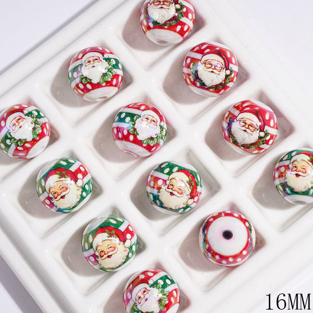 UV-Coated Christmas Santa Claus & Red-Green Polka Dot Printed Round Acrylic Beads for Bracelets, 16MM, Random Mix