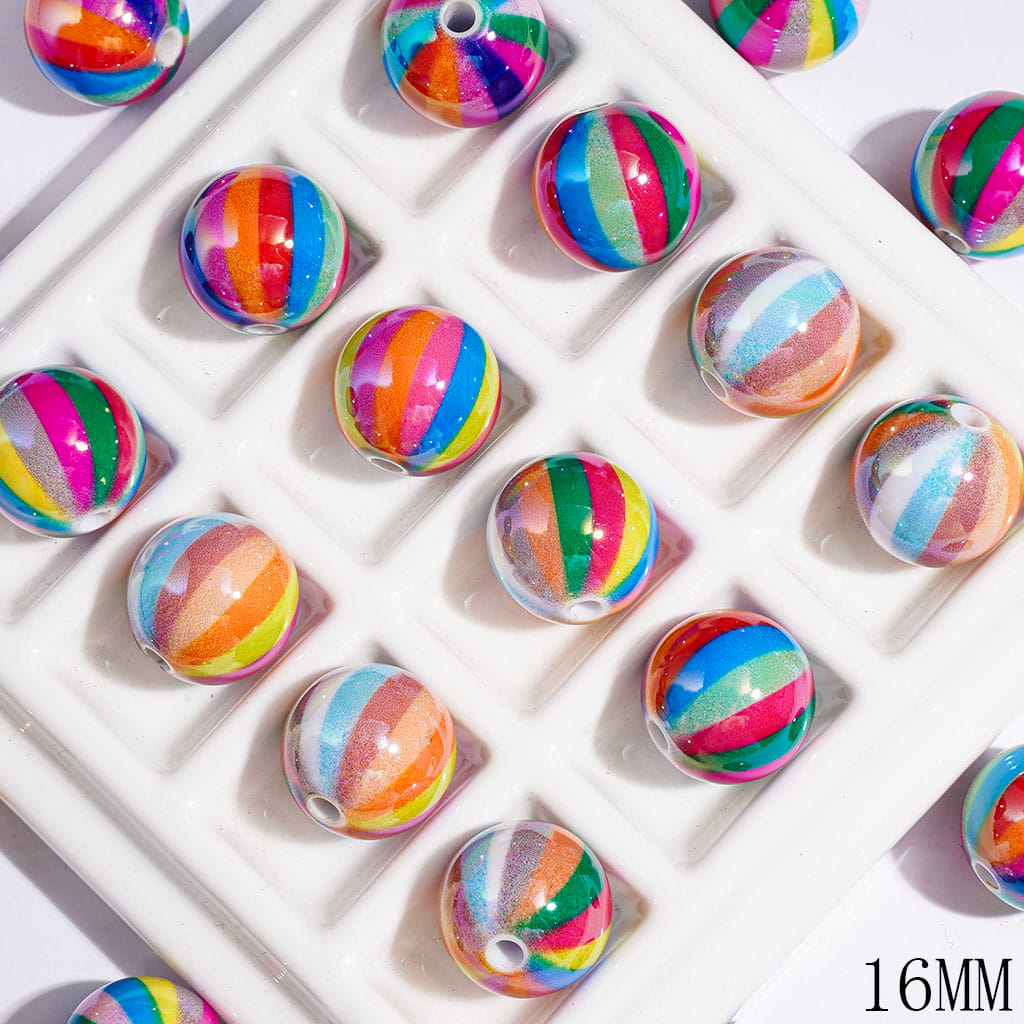 UV-Coated Vibrant Rainbow Stripe Pattern Round Acrylic Beads for Bracelets, 16MM, Multicolor, Random Mix