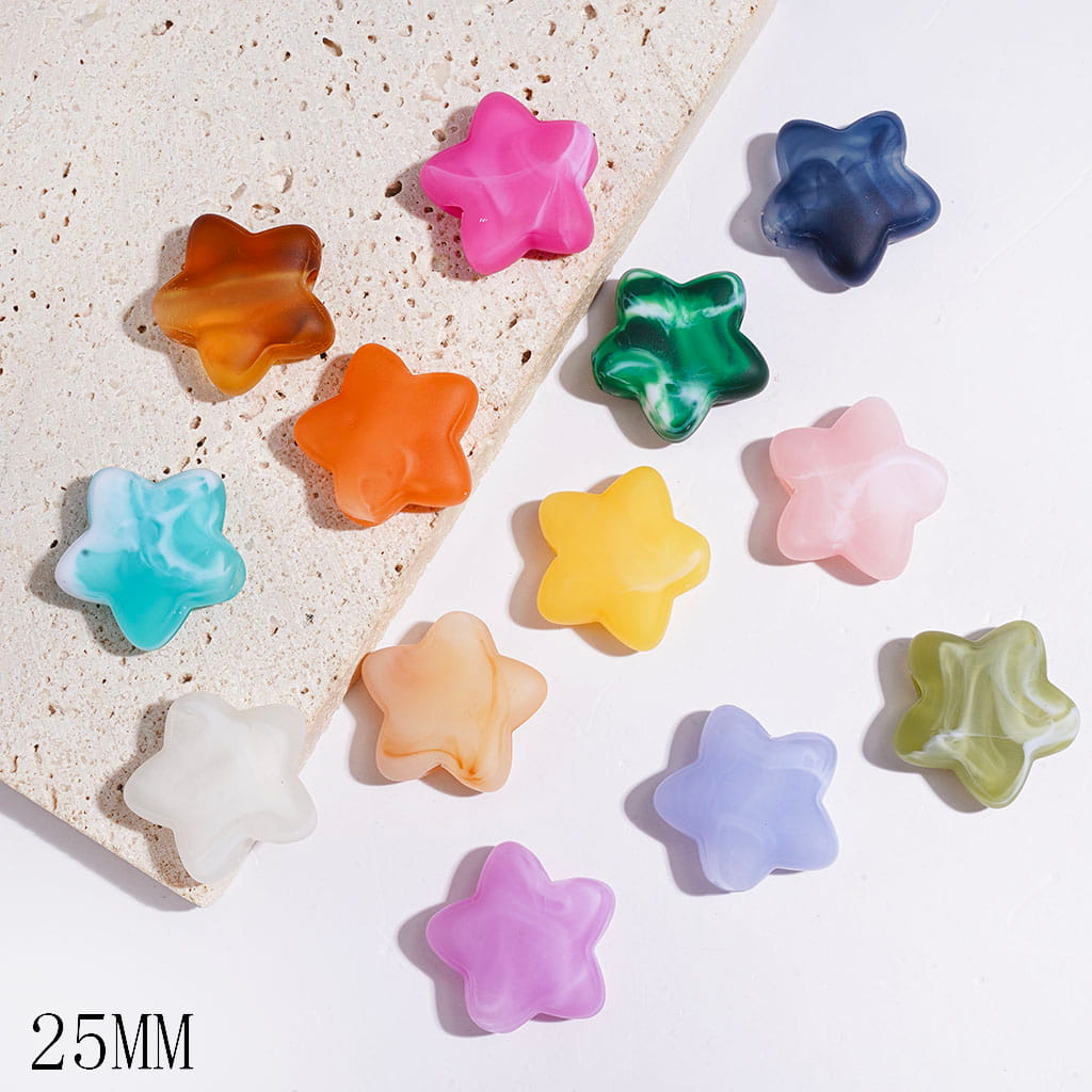 Glossy Matte Five-Pointed Star Shaped With Mixed-Color Texture Big Hole Acrylic Beads, 25MM, Multicolor, Random Mix (The Bead Hole Diameter is Around 4MM)