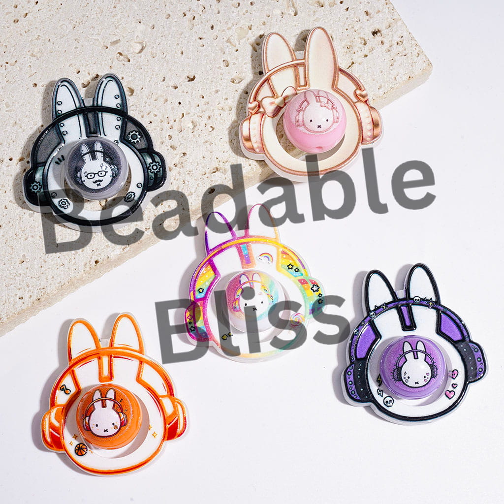 Acrylic Beads Hollowed Dutch Rabbit Character Head with Headphones and Round Beads, Multi-Color Random Mix (Please Read the Description)