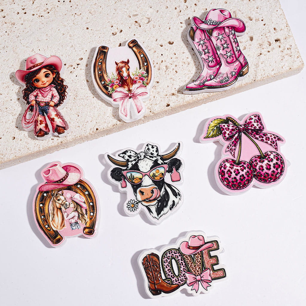 Girl Boot Cherry Horseshoe Cow in Pink Western Style Acrylic Beads, Random Mix