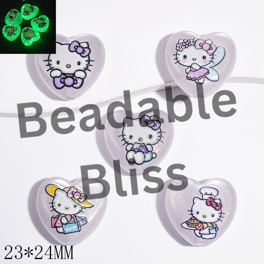 Luminous Acrylic Beads Heart with Cute Cat Character and Glitter, 23*24MM Random Mix
