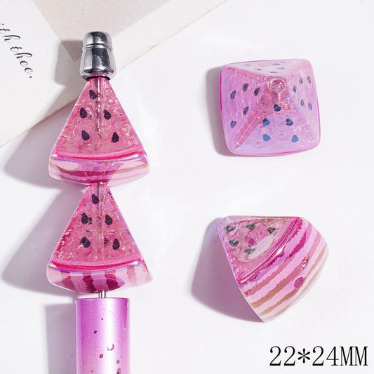 UV-Coated Watermelon Slice Design with Printed Black Dots Pink & Purple Triangular Crackle Acrylic Beads, 22*24MM