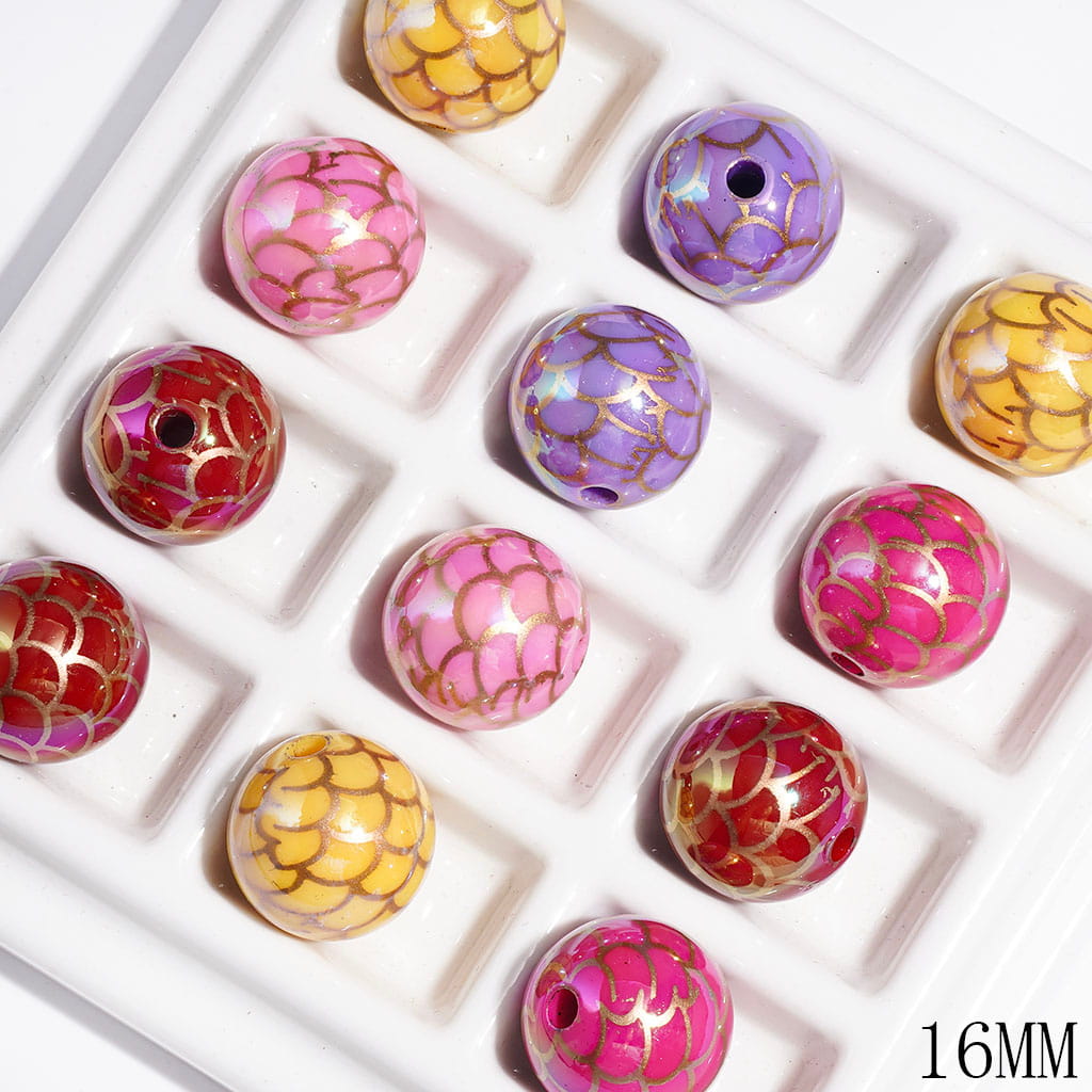 UV-Coated Fish Scale Texture Printed Round Acrylic Beads for Bracelets, 16MM, Varied Colors, Random Mix
