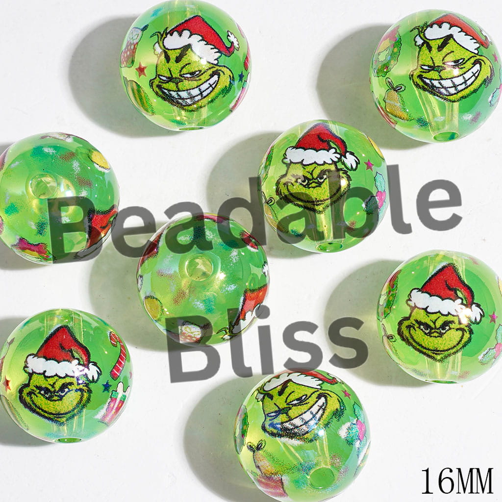Acrylic Beads for Bracelets with Diverse Facial Green Character and Candy Cane Wreath Stocking Ball Gift Box, Transparent Green, 16MM