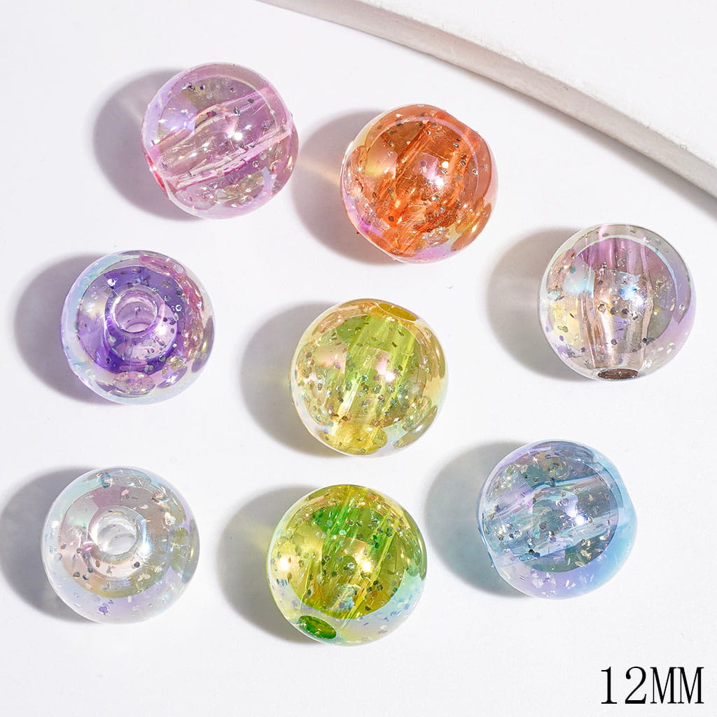 UV-Coated Round Sequin Designs Clear Acrylic Beads for DIY Bracelets & Necklets & Waist Chains, 12MM, Multi-Color, Random