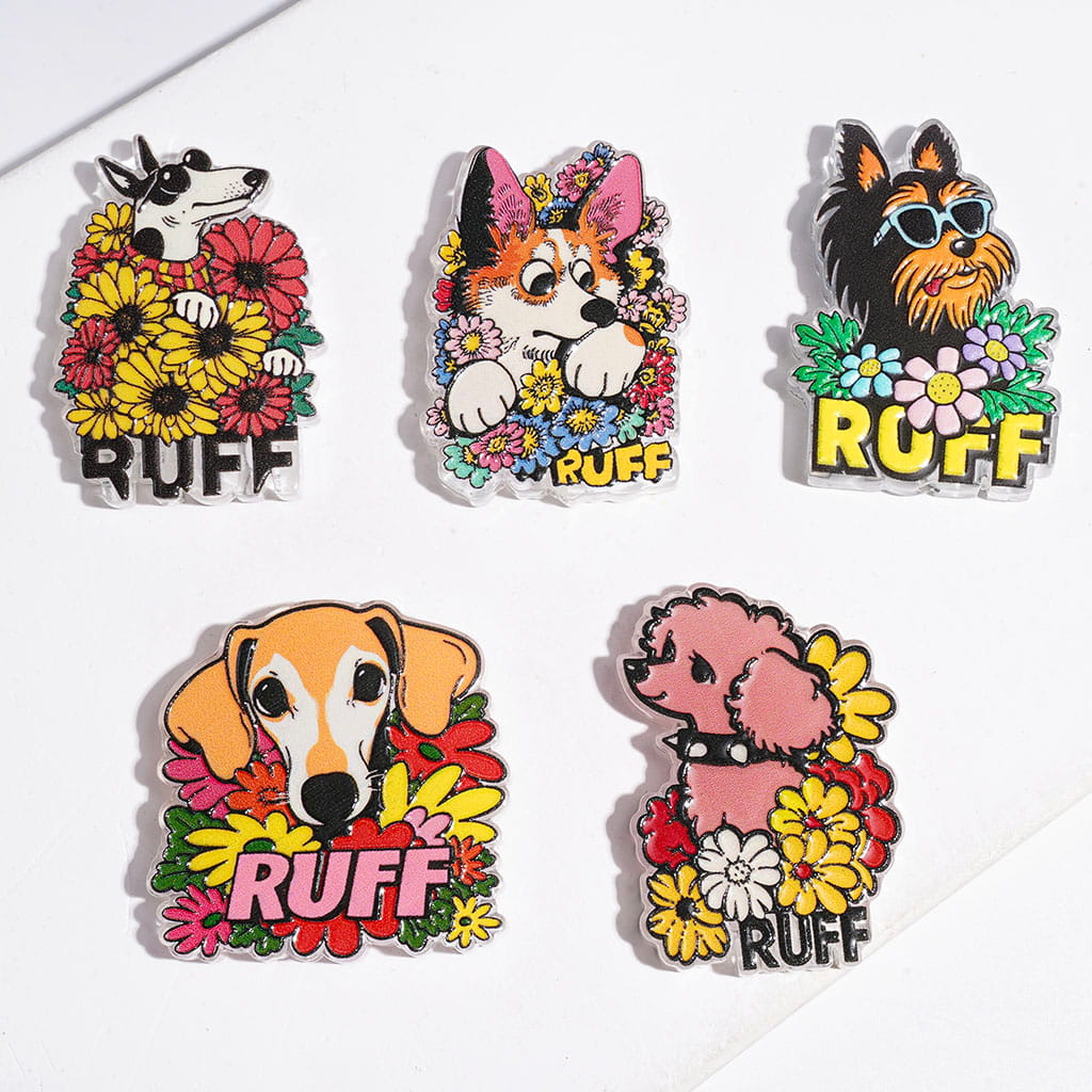 Poodle, Greyhound, Corgi, Beagle & Yorkshire Dog Breed Prints with Flower Detail Acrylic Beads, Random Mix