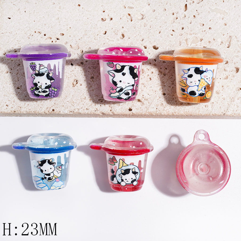 Adorable Dairy Cow & Fruity Dessert Milk Cup Acrylic Beads & Pendants, Height 23MM, Multi-Color, Random Mix