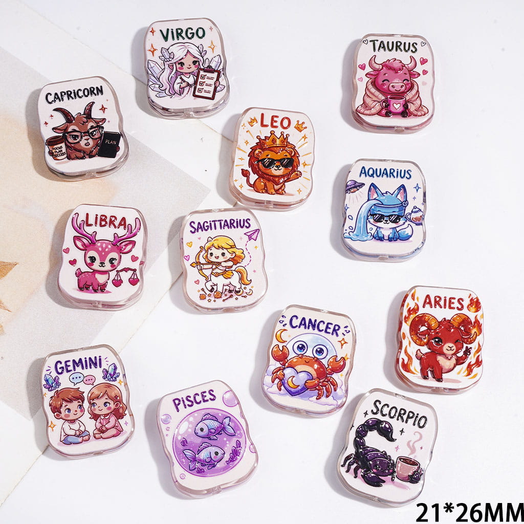 Whimsical Twelve Zodiac Constellations with Cartoon & Animal Character Semi-Clear Acrylic Beads, 21*26MM, Random Mix