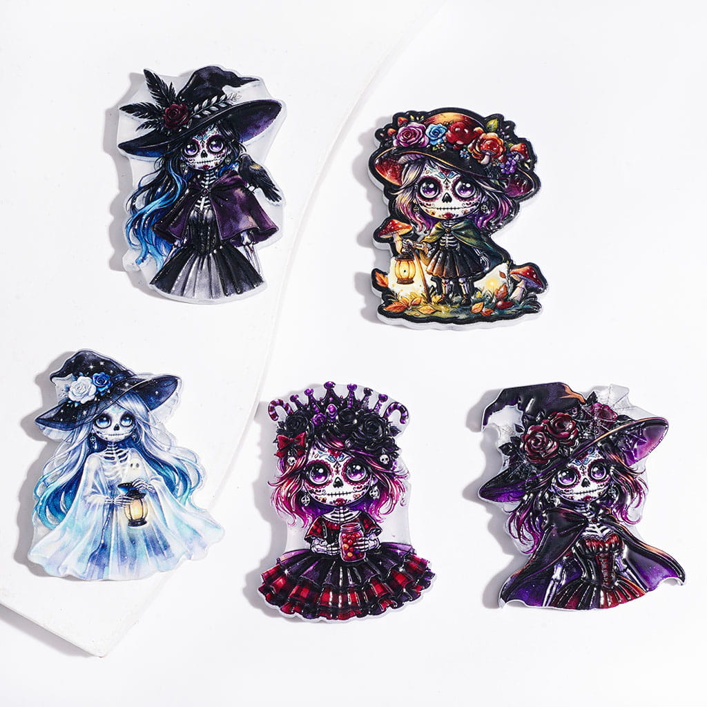 Mystical Day of the Dead Witch & Skull Skeleton Character Acrylic Beads, Random Mix