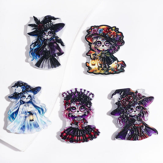 Mystical Day of the Dead Witch & Skull Skeleton Character Acrylic Beads, Random Mix