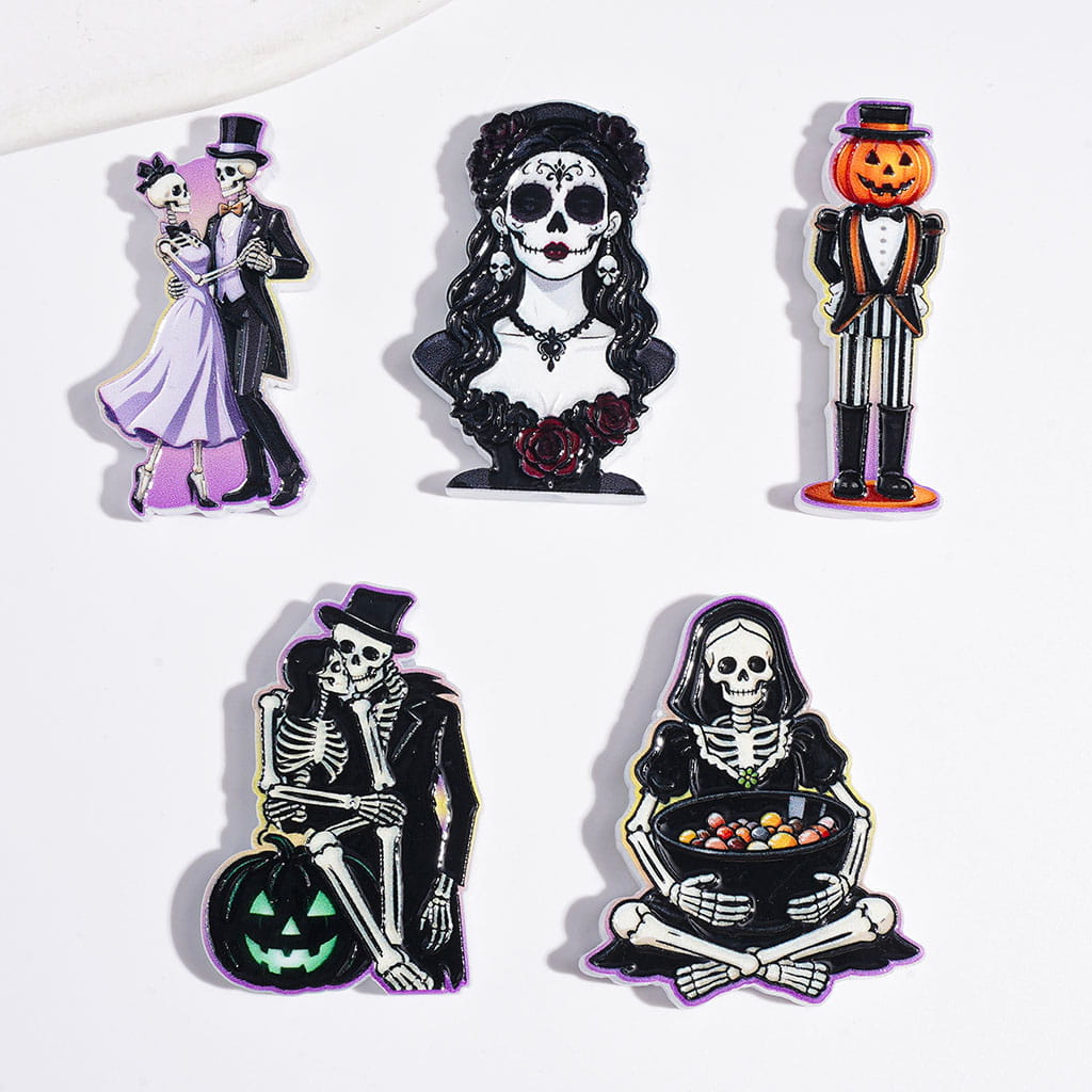 Dark Gothic Style Halloween Skeleton Couple & Pumpkin Character Series Acrylic Beads, Random Mix