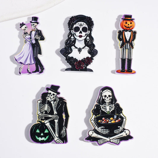 Dark Gothic Style Halloween Skeleton Couple & Pumpkin Character Series Acrylic Beads, Random Mix