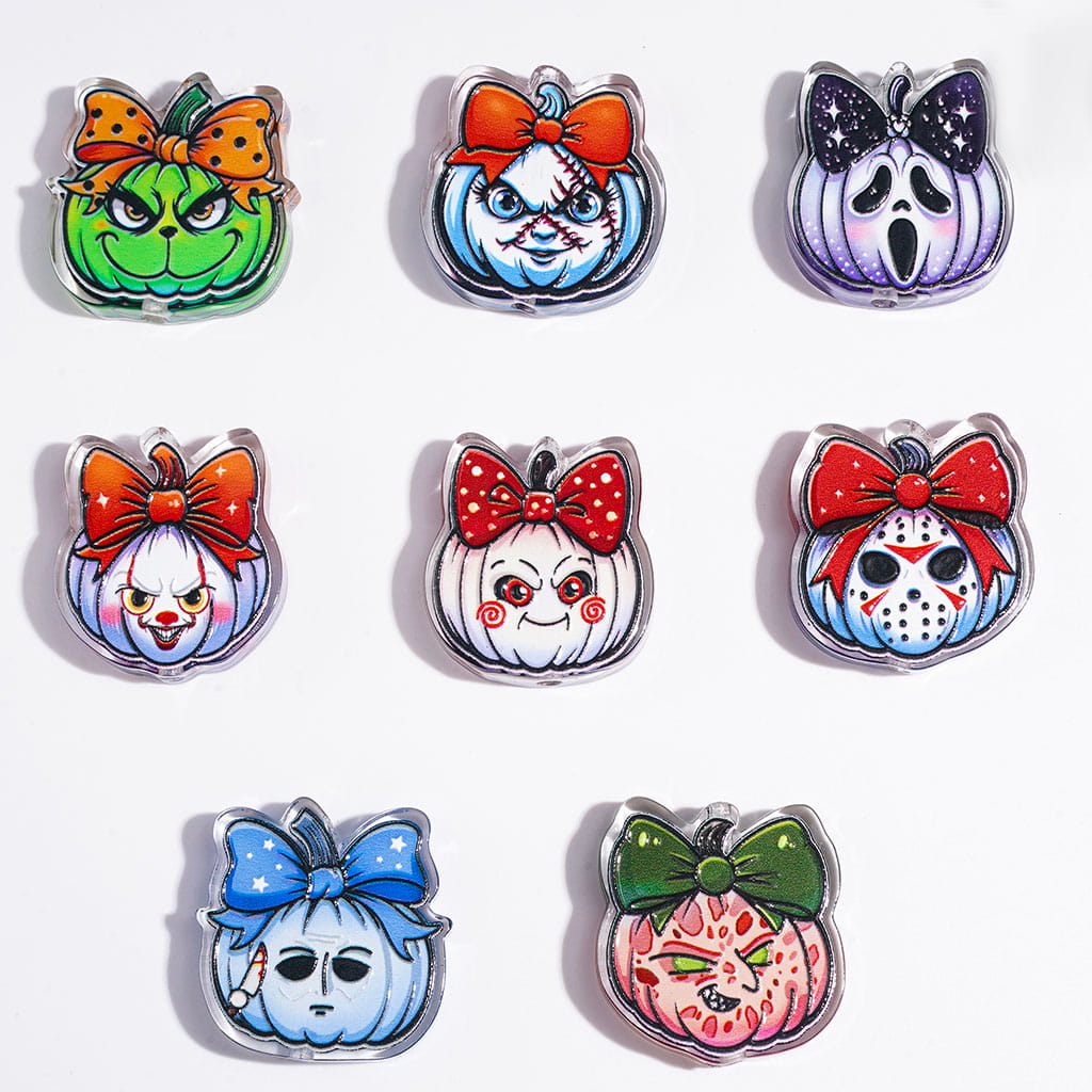 Spooky Halloween Bow Character Pumpkin Face with Killer Character Design Semi-Clear Acrylic Beads, Assorted Designs, Random Mix