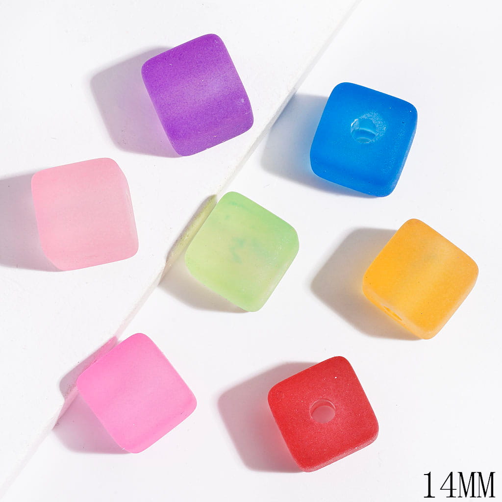 Soft Frosted Matte Texture Cube Square Shape Acrylic Beads, 14MM, Multi-Color, Random Mix