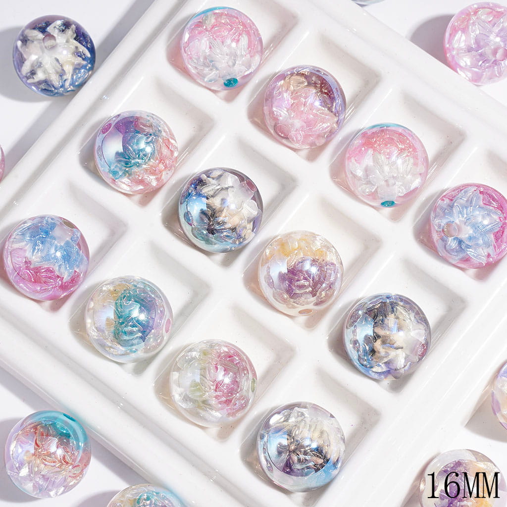 UV-Finished Sparkling Double-Layer Five-Petal Flower Glitter Round Acrylic Beads for Bracelets, 16MM Multi-Color Random Mix