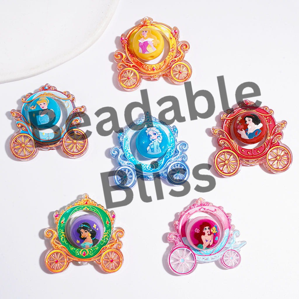 Acrylic Beads Hollowed European-Style Carriage and Princess Printed Round Beads, Multi-Color, Random Mix