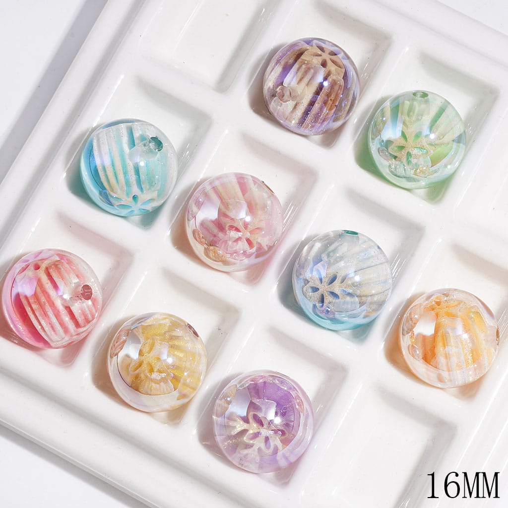 UV-Coated Sparkling Snowflake Designs with Shiny Glitter Round Acrylic Beads for Bracelets, 16MM, Multi-Color, Random Mix